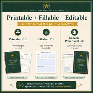 May include: A digital product infographic titled The Accommodation Station featuring three formats: Printable PDF, Fillable PDF, and Editable PowerPoint File. It displays a Quick-Start Toolkit and Premium Toolkit with icons for printing, typing, and customizing.