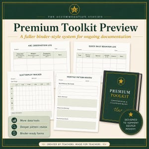 May include: A Premium Toolkit preview featuring a dark green binder and four white documentation forms: ABC Observation Log, Quick Daily Behavior Log, Scatterplot Tracker, and Monthly Pattern Review. The text includes The Accommodation Station.