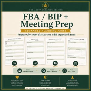 May include: A digital planning resource titled FBA / BIP + Meeting Prep featuring four distinct templates for educational team meetings. The pages include FBA Information Organizer, BIP Review Page, Behavior Team Meeting Prep, and Meeting Follow-up Action Plan.