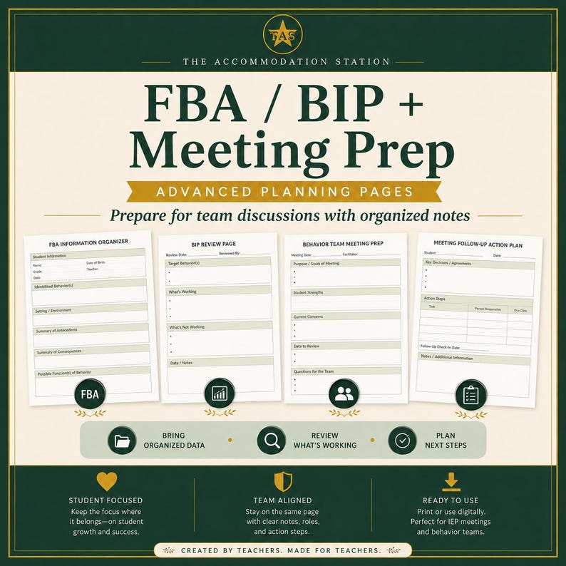 May include: A digital planning resource titled FBA / BIP + Meeting Prep featuring four distinct templates for educational team meetings. The pages include FBA Information Organizer, BIP Review Page, Behavior Team Meeting Prep, and Meeting Follow-up Action Plan.