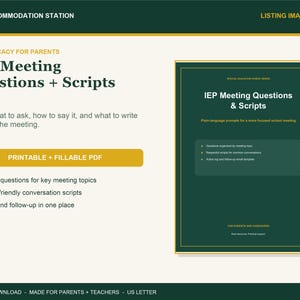 May include: A digital download titled IEP Meeting Questions + Scripts, featuring a printable and fillable PDF document. The layout includes text about guided questions, parent-friendly conversation scripts, and notes for school meetings.