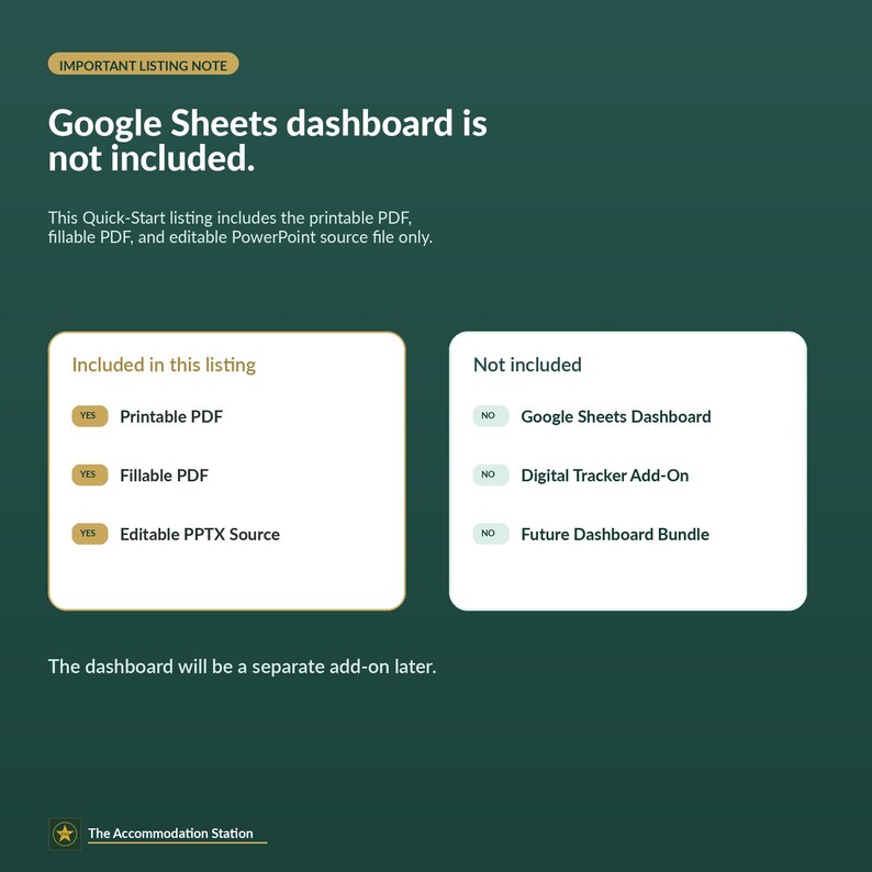 Puede incluir: Un gr&aacute;fico informativo de color verde oscuro con texto en blanco que indica que no se incluye un panel de Google Sheets. Enumera los elementos incluidos como un PDF imprimible, un PDF rellenable y un archivo de PowerPoint editable.