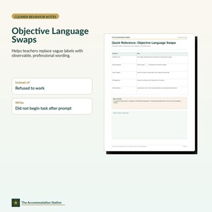 Puede incluir: Un documento educativo blanco titulado Clearer Behavior Notes y Quick Reference: Objective Language Swaps. La p&aacute;gina presenta una tabla con columnas para Instead of y Write, proporcionando ejemplos para reemplazar etiquetas vagas.