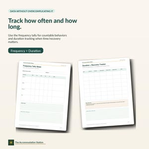 Puede incluir: Dos hojas de seguimiento blancas tituladas Frequency Tally Sheet y Duration + Recovery Tracker. El texto dice: Data without overcomplicating it, Track how often and how long, Use the frequency tally for countable behaviors and duration tracking.