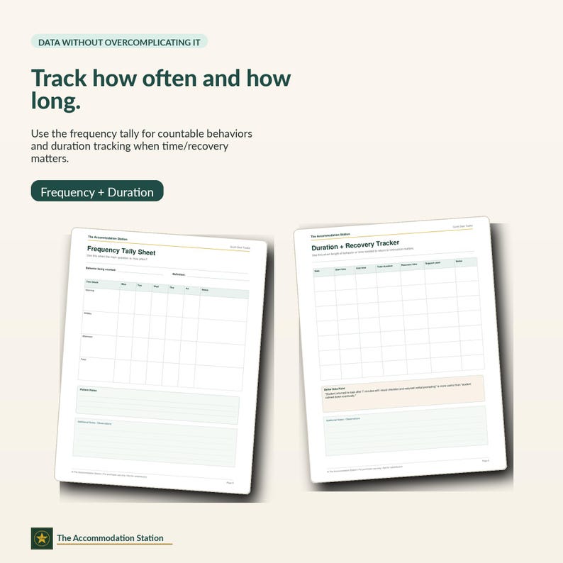 Puede incluir: Dos hojas de seguimiento blancas tituladas Frequency Tally Sheet y Duration + Recovery Tracker. El texto dice: Data without overcomplicating it, Track how often and how long, Use the frequency tally for countable behaviors and duration tracking.