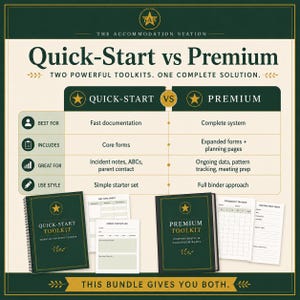 May include: A comparison chart titled Quick-Start vs Premium, featuring two toolkits for teachers. The chart outlines differences in documentation, forms, and data tracking. Below are two dark green binders labeled Quick-Start Toolkit and Premium Toolkit.