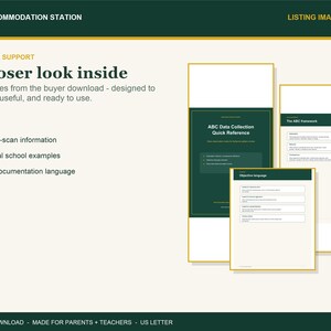 Pu&ograve; includere: Un documento scaricabile digitalmente intitolato ABC Data Support che mostra uno sguardo all'interno con tre pagine visualizzate. Le pagine includono ABC Data Collection Quick Reference, The ABC framework e Objective language con bordi verde scuro.