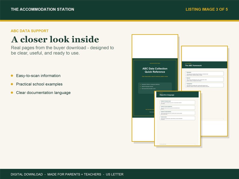 Pu&ograve; includere: Un documento scaricabile digitalmente intitolato ABC Data Support che mostra uno sguardo all'interno con tre pagine visualizzate. Le pagine includono ABC Data Collection Quick Reference, The ABC framework e Objective language con bordi verde scuro.
