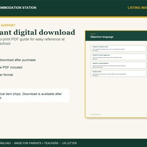 Pu&ograve; includere: Una guida al download digitale intitolata ABC Data Support con download digitale istantaneo, PDF stampabile e formato US Letter. Il documento include una pagina di esempio intitolata Objective language con caselle di testo che mostrano esempi.