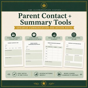 May include: A set of four printable templates titled Parent Contact + Summary Tools, featuring a Parent Contact Log, Home-School Communication Notes, Weekly Behavior Summary, and Monthly Pattern Review, all designed with a dark green and cream color scheme.