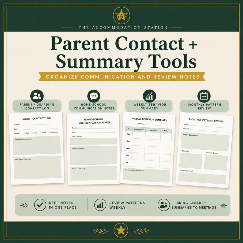 May include: A set of four printable templates titled Parent Contact + Summary Tools, featuring a Parent Contact Log, Home-School Communication Notes, Weekly Behavior Summary, and Monthly Pattern Review, all designed with a dark green and cream color scheme.