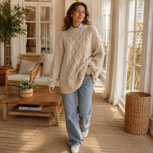 Chunky Cable Knit Sweater | Oversized Crew Neck Jumper | Cozy One Size Winter Knit