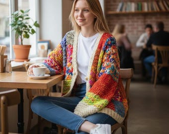 Colorful Patchwork Cardigan Cozy Chunky Knit Sweater Boho Knitwear