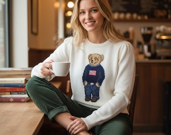 Jersey de algodón con estampado de oso, jersey de punto estilo preppy vintage para mujer.