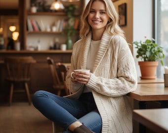 Women's Wool Cable Knit Cardigan | Oversized Collared Sweater | Cozy Autumn Winter Knitwear