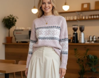 Nordic Snowflake Knit Pullover | Cozy Fair Isle Jumper, Soft Winter Warmth