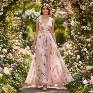 Floral Maxi Gown, Wedding Guest Outfit, Sleeveless Formal Bridesmaid Wear, Elegant Evening