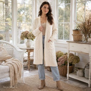 Long Cable Knit Cardigan, Oversized Open Front Sweater Coat, Cozy Fall Layering