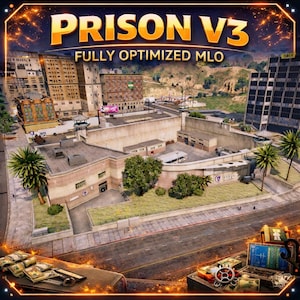 Puede incluir: Vista aérea de un complejo penitenciario con el texto "PRISON V3" y "FULLY OPTIMIZED MLO" en letras doradas. La imagen presenta un paisaje urbano detallado con edificios, palmeras y un patio de la prisión. Hay montones de dinero y otros objetos en primer plano.
