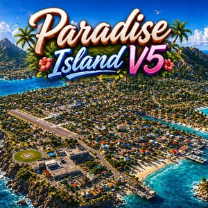 Może przedstawiać: Widok z lotu ptaka na tropikalną wyspę z tekstem "Paradise Island V5" w kolorowej, stylizowanej czcionce. Wyspa charakteryzuje się bujną zieloną roślinnością, linią brzegową z plażami i przejrzystym błękitnym oceanem. Jasne słońce świeci na niebie.
