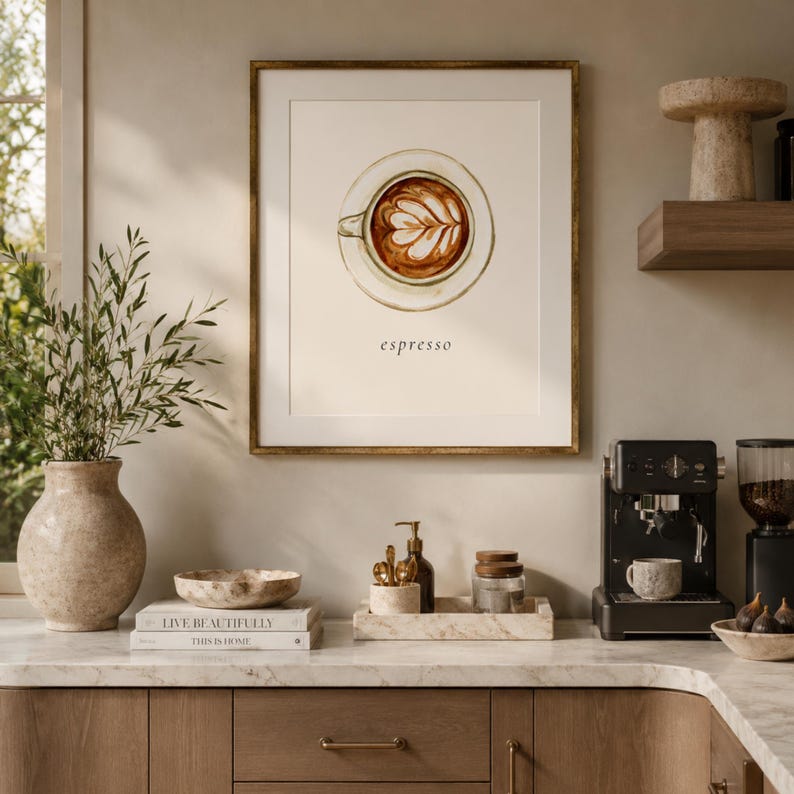 K&ouml;nnte beinhalten: Ein gerahmter Kunstdruck mit einer Aquarellillustration einer Kaffeetasse mit Latte-Art von oben, zentriert &uuml;ber dem Wort espresso. Das Kunstwerk ist in einem goldenen Rahmen pr&auml;sentiert und zeigt ein braun-wei&szlig;es Kaffeemotiv.