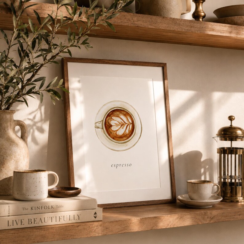 K&ouml;nnte beinhalten: Ein gerahmter Kunstdruck mit einer Aquarellillustration einer Kaffeetasse mit Latte-Art-Muster und dem darunter gedruckten Wort espresso. Das Kunstwerk ist in einem schlichten Holzrahmen pr&auml;sentiert und zeigt eine Draufsicht.