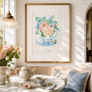 Lámina artística de taza de té floral, decoración de pared para la hora del té en un jardín inglés, póster de ramo de rosas azules