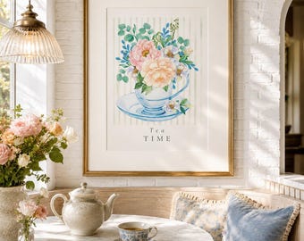 Kunstdruck mit floralem Teetassenmotiv, Wanddeko „Englischer Garten – Teestunde“, Poster mit blauem Rosenstrauß
