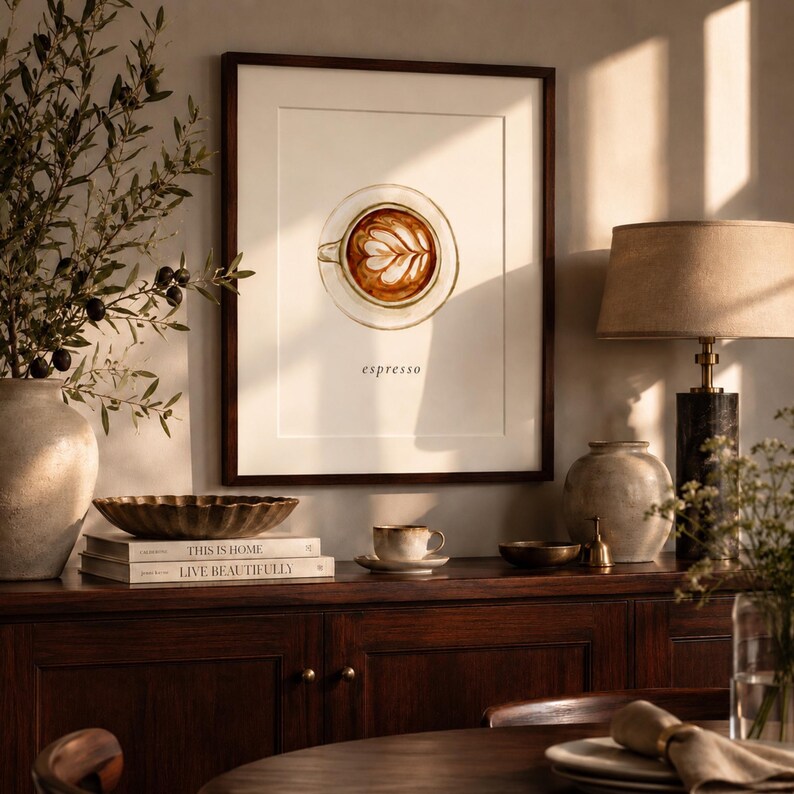 K&ouml;nnte beinhalten: Ein gerahmter Kunstdruck mit einer Aquarellillustration einer Kaffeetasse mit Latte-Art-Muster, zentriert &uuml;ber dem Text espresso. Das Kunstwerk befindet sich in einem dunkelbraunen Rahmen mit wei&szlig;em Passepartout und h&auml;ngt an einer Wand.