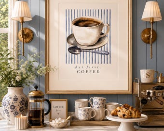 Aquarell-Kaffeedruck, blaue Streifen, Wandbild für die Küche, Dekoration im Küstenstil