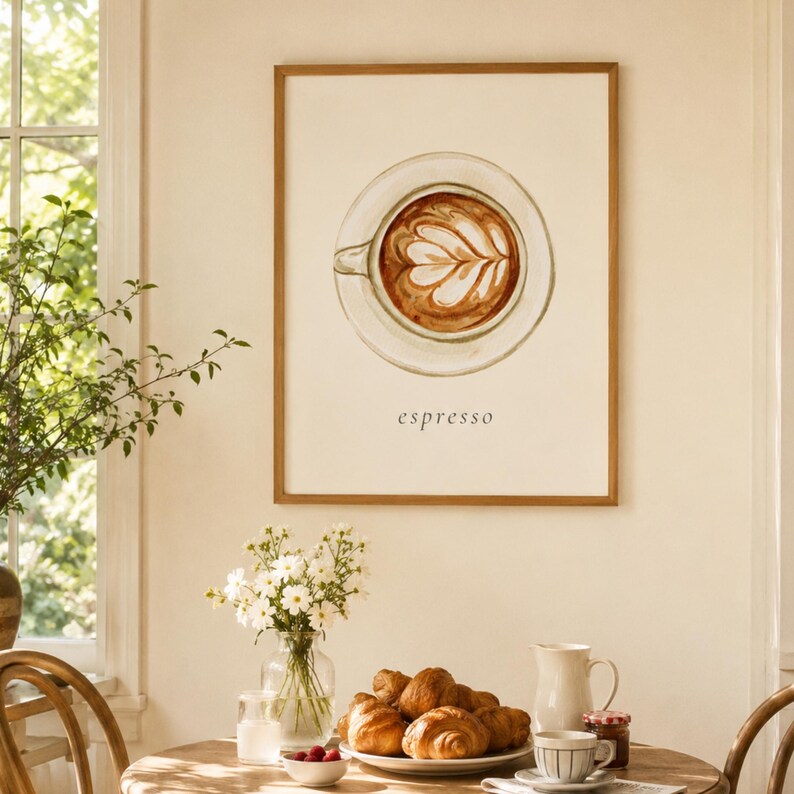 K&ouml;nnte beinhalten: Ein gerahmter Wandkunstdruck mit einer Aquarellillustration einer Kaffeetasse mit Latte-Art von oben, zentriert &uuml;ber dem Wort espresso. Das Kunstwerk ist in einem hellen Holzrahmen an einer Wand &uuml;ber einem Tisch mit Speisen und Blumen zu sehen.