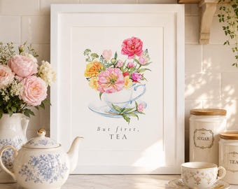 Blumenmuster für Teetassen, Kunstwerk mit rosa Pfingstrosen im Landhausstil, Poster für Teeliebhaber im englischen Gartenstil