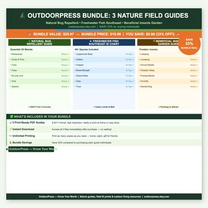 Puede incluir: Un paquete digital de tres guías de campo sobre la naturaleza titulado OutdoorPress Bundle: 3 Nature Field Guides. Las guías cubren repelentes naturales, peces de agua dulce del sureste e insectos beneficiosos en formato de 21,6x27,9 cm.