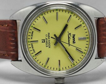 Vintage HMT Kohinoor Mechanical Watch – 17 Jewels Yellow Dial Hand-Winding Men's Wristwatch