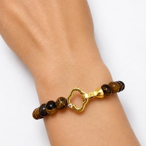 Tiger Eye Gemstone Bracelet | Gold Clover Clasp, Zirconia Detail | 7” long