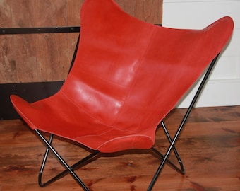 Red Cowhide Leather Butterfly Chair Cover – Handcrafted Replacement Seat