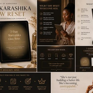 Może przedstawiać: Obraz promocyjny dla "7-Day Karashika Glow Reset", doświadczenia samotransformacji. Projekt zawiera tablet z tytułem programu, kobietę korzystającą z tabletu i grafiki informacyjne. Schemat kolorów to głównie złoto i czerń.