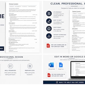 May include: A professional resume template for an Executive Software Engineer. The design is ATS optimized, easy to edit, and professionally designed. Includes a sample resume, and icons for Word and Google Docs. Instant download available.