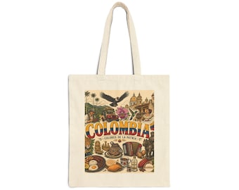 Colombia Cultural Collage Canvas Tote Bag | Colombian Heritage Gift Iconic Symbols Cotton Bag
