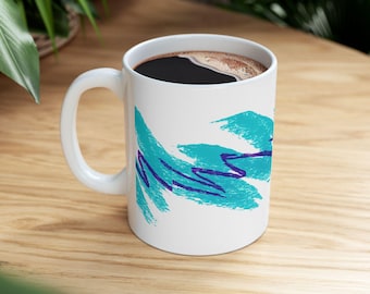 Retro Jazz Pattern Mug 90s Teal and Purple Brushstroke Ceramic Coffee Cup 11oz