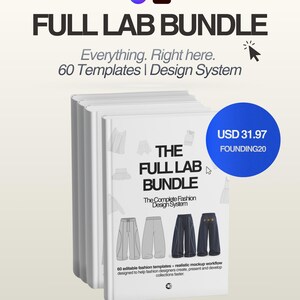 May include: A stack of white books titled "THE FULL LAB BUNDLE" with the text "Everything. Right here. 60 Templates | Design System." The book cover features illustrations of clothing designs. A blue circle displays "USD 31.97".