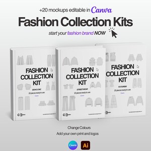 Op de afbeelding: Drie witte Fashion Collection Kits met verschillende modestijlen: Boho Chic, Streetwear en Futurisme. Elke kit bevat 20 kant-en-klare stukken en is bewerkbaar in Canva. De tekst "start your fashion brand NOW" is ook zichtbaar.