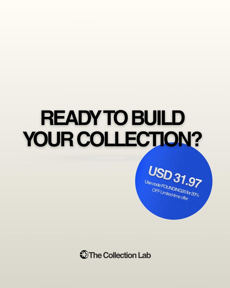 May include: A promotional graphic with the text "READY TO BUILD YOUR COLLECTION?" in bold black letters. A blue circle displays "USD 31.97" and an offer. The Collection Lab logo is at the bottom.
