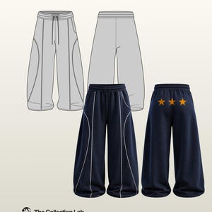 May include: An illustration of three pairs of wide-leg sweatpants. Two pairs are navy blue with white accent lines, and one pair has three gold stars on the back. The other pair is gray. The Collection Lab logo is in the bottom left corner.