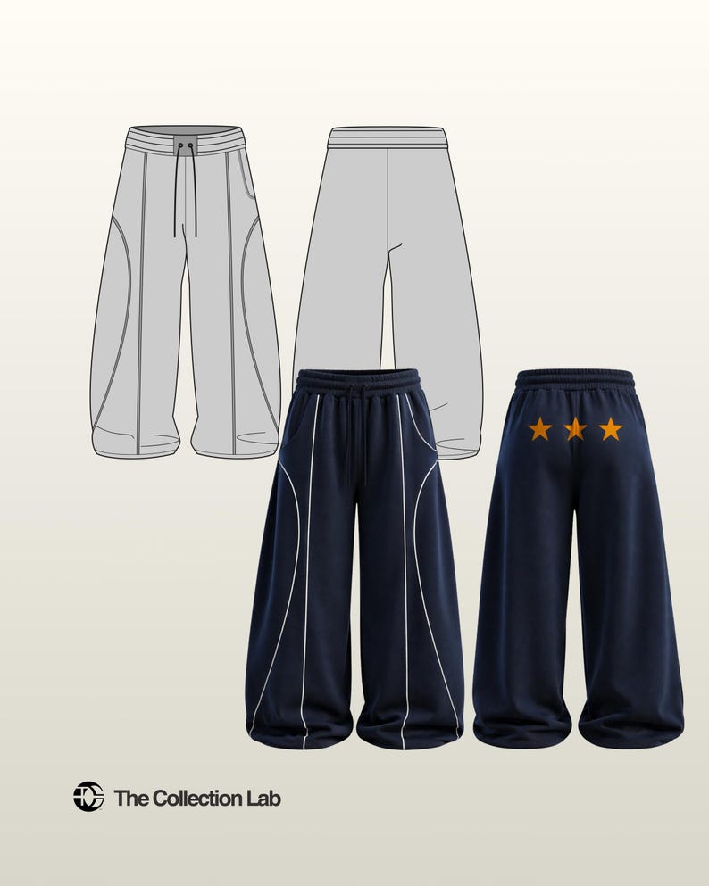 May include: An illustration of three pairs of wide-leg sweatpants. Two pairs are navy blue with white accent lines, and one pair has three gold stars on the back. The other pair is gray. The Collection Lab logo is in the bottom left corner.