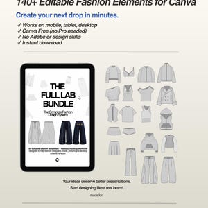 May include: A digital graphic promoting fashion design elements. The image features a tablet displaying a bundle of fashion design templates, with various clothing illustrations. Text includes "140+ Editable Fashion Elements for Canva" and "Create your next drop in minutes."