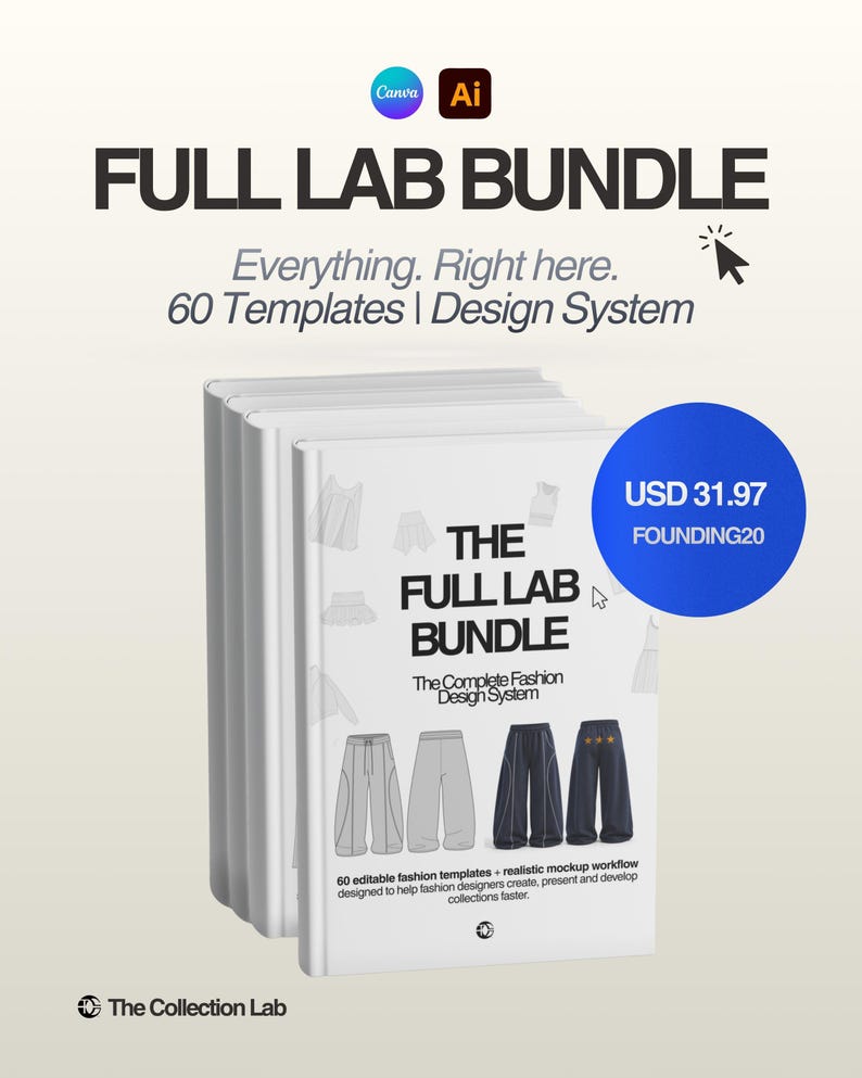 May include: A stack of white books titled "THE FULL LAB BUNDLE" with the text "Everything. Right here. 60 Templates | Design System." The book cover features illustrations of clothing designs. A blue circle displays "USD 31.97".