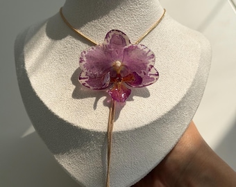 Real  Orchid Pendant Necklace, Adjustable Pressed Flower Necklace, Botanical Floral Jewelry, Nature Inspired Gift for Her