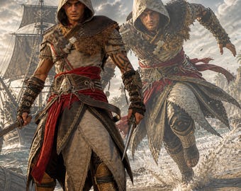 Assassin Costume Men, Hooded Gaming Cosplay Outfit, Medieval Warrior Leather Coat, Halloween Costume, RPG Cosplay Outfit, Comic Con Costume