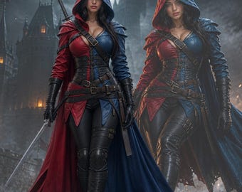 Hooded Assassin Coat Cosplay , Red Blue Fantasy Trench Coat, Gaming Inspired Cosplay , Medieval Rogue Costume, , Halloween Comic Con Costume